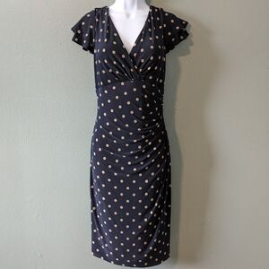 LRL Ralph Lauren Navy & Beige Polka dot Draped Midi Dress Size 12
